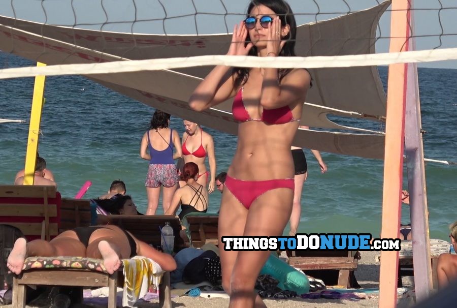 Gorgeous beach volleyball player with visible cameltoe